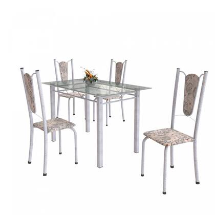 Imagem de Conjunto de Mesa Tubular 4 Cadeiras 120cm com Tampo de Vidro Melissa Branco/Botanic Cinza/Pérola