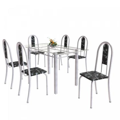 Imagem de Conjunto de Mesa Tubular 6 Cadeiras 140cm com Tampo de Vidro Iris Branco/Preto Floral/Pérola