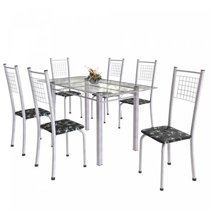 Imagem de Conjunto de Mesa Tubular 6 Cadeiras 140cm com Tampo de Vidro Iza Branco/Preto Floral/Pérola