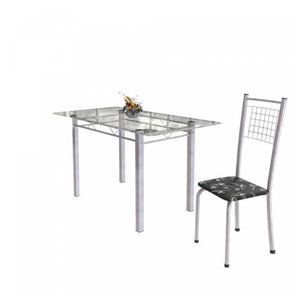 Imagem de Conjunto de Mesa Tubular 6 Cadeiras 140cm com Tampo de Vidro Iza Branco/Preto Floral/Pérola