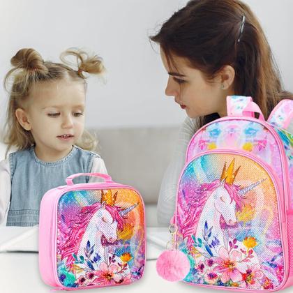Imagem de Conjunto de mochilas WZLVO Unicorn para meninas de 16 polegadas com lancheira