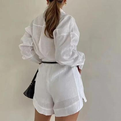 Imagem de Conjunto De Moda Feminina De Verão Com Camisa De Manga Longa E Botões E Shorts Em 2 Peças