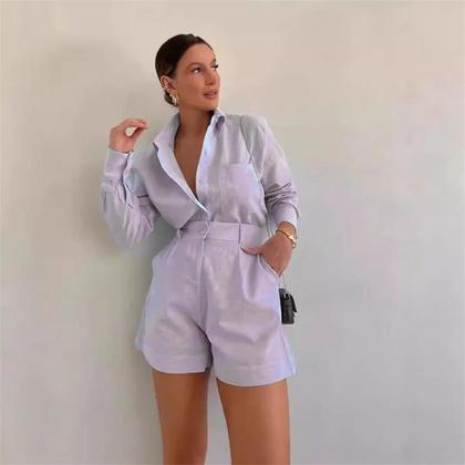 Imagem de Conjunto De Moda Feminina De Verão Com Camisa De Manga Longa E Botões E Shorts Em 2 Peças