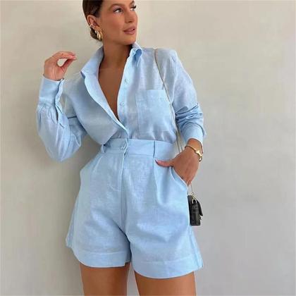 Imagem de Conjunto De Moda Feminina De Verão Com Camisa De Manga Longa E Botões E Shorts Em 2 Peças