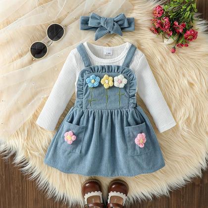 Imagem de Conjunto De Outono Para Bebês Meninas, Manga Comprida, Saia Com Flores De Crochê, Faixa De Cabeça,