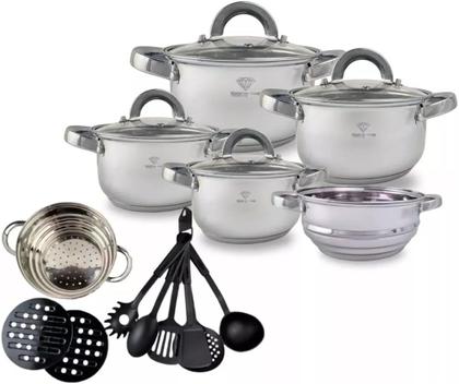 Imagem de Conjunto De Panelas Aço Cirúrgico 19 Peças com Fundo Triplo Resistente Jogo de Panelas Inox