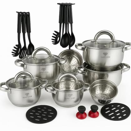 Imagem de Conjunto De Panelas Aço Cirúrgico 19 Peças com Fundo Triplo Resistente Jogo de Panelas Inox