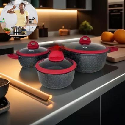 Imagem de Conjunto De Panelas Em Cerâmica Com Cor Preta Com Vermelho Perfeito Para Presente De Amigo Secreto Entrega Rápida