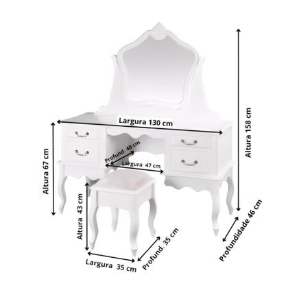 Imagem de Conjunto de Penteadeira e Banqueta Clássica com Pés Luiz XV Branco Laca