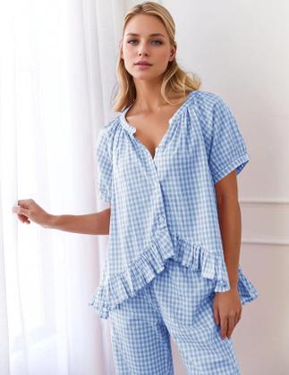 Imagem de Conjunto de pijama COZYPOIN Gingham, 2 peças de algodão xadrez para mulheres