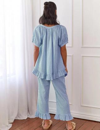 Imagem de Conjunto de pijama COZYPOIN Gingham, 2 peças de algodão xadrez para mulheres