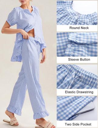 Imagem de Conjunto de pijama COZYPOIN Gingham, 2 peças de algodão xadrez para mulheres
