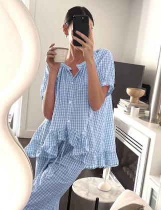 Imagem de Conjunto de pijama COZYPOIN Gingham, 2 peças de algodão xadrez para mulheres