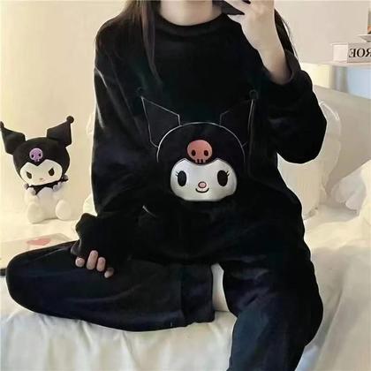 Imagem de Conjunto De Pijama De Inverno Feminino Quente E Macio Kuromi Com Estampa Fofa Roupas De Dormir