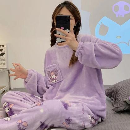 Imagem de Conjunto De Pijama De Inverno Feminino Quente E Macio Kuromi Com Estampa Fofa Roupas De Dormir