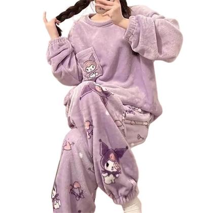 Imagem de Conjunto De Pijama De Inverno Feminino Quente E Macio Kuromi Com Estampa Fofa Roupas De Dormir