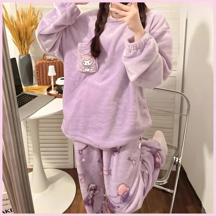Imagem de Conjunto De Pijama De Inverno Feminino Quente E Macio Kuromi Com Estampa Fofa Roupas De Dormir