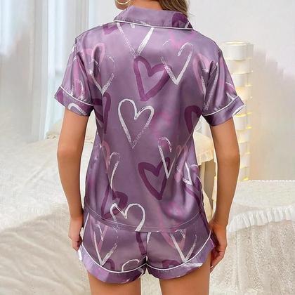 Imagem de Conjunto De Pijama Feminino De Cetim Com Estampa De Coração, Camisa De Manga Curta Com Gola Lapela E