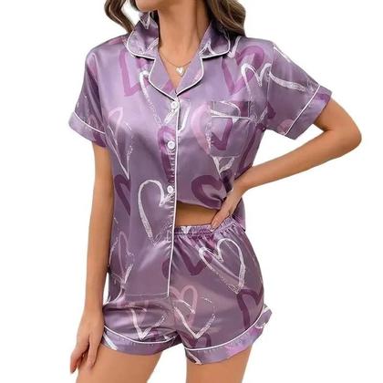 Imagem de Conjunto De Pijama Feminino De Cetim Com Estampa De Coração, Camisa De Manga Curta Com Gola Lapela E