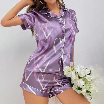 Imagem de Conjunto De Pijama Feminino De Cetim Com Estampa De Coração, Camisa De Manga Curta Com Gola Lapela E