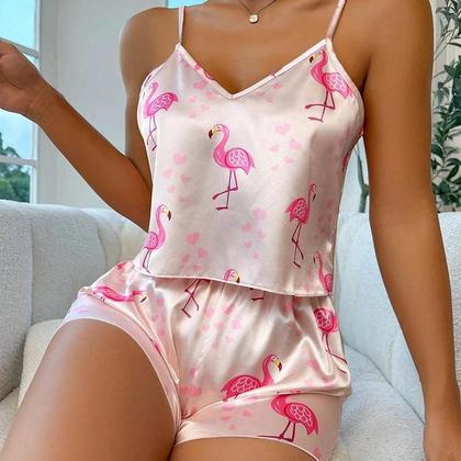 Imagem de Conjunto De Pijama Feminino De Cetim Com Estampa De Flamingo, Top Cami Com Decote Em V E Shorts