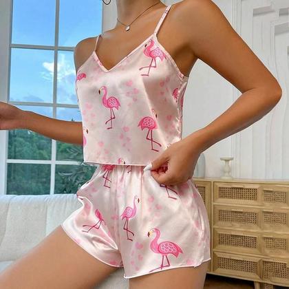 Imagem de Conjunto De Pijama Feminino De Cetim Com Estampa De Flamingo, Top Cami Com Decote Em V E Shorts