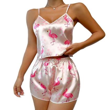 Imagem de Conjunto De Pijama Feminino De Cetim Com Estampa De Flamingo, Top Cami Com Decote Em V E Shorts