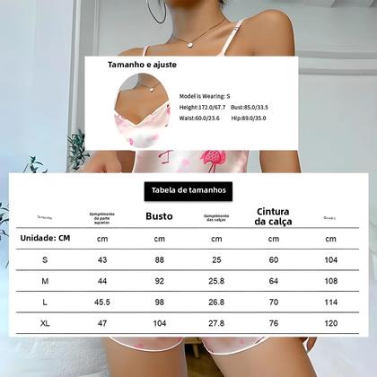 Imagem de Conjunto De Pijama Feminino De Cetim Com Estampa De Flamingo, Top Cami Com Decote Em V E Shorts