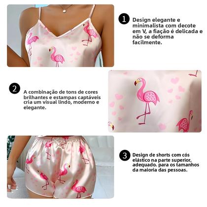 Imagem de Conjunto De Pijama Feminino De Cetim Com Estampa De Flamingo, Top Cami Com Decote Em V E Shorts