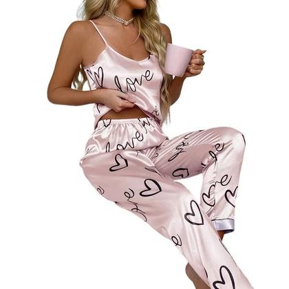 Imagem de Conjunto De Pijama Feminino De Cetim Com Estampa De Letras, Colete, Camisa, Calças, Lingerie Sexy,