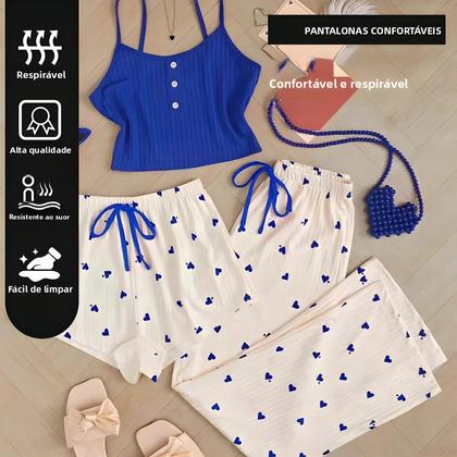 Imagem de Conjunto De Pijama Feminino De Três Peças Com Estampa De Coração, Regata, Shorts E Calças Com