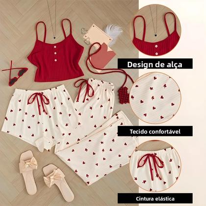 Imagem de Conjunto De Pijama Feminino De Três Peças Com Estampa De Coração, Regata, Shorts E Calças Com