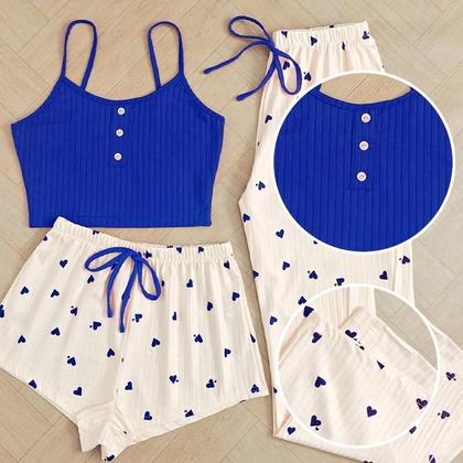 Imagem de Conjunto De Pijama Feminino De Três Peças Com Estampa De Coração, Regata, Shorts E Calças Com