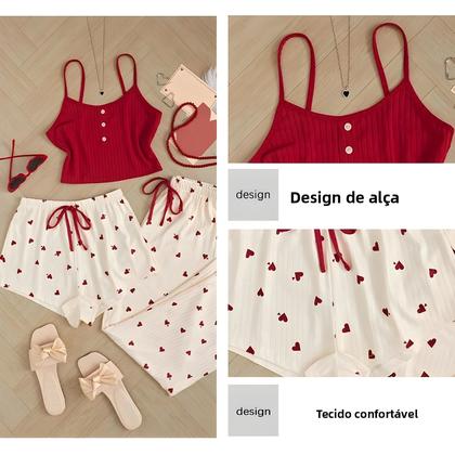 Imagem de Conjunto De Pijama Feminino De Três Peças Com Estampa De Coração, Regata, Shorts E Calças Com