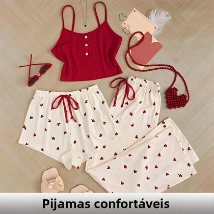 Imagem de Conjunto De Pijama Feminino De Três Peças Com Estampa De Coração, Regata, Shorts E Calças Com