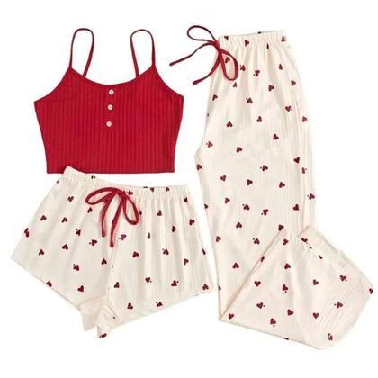 Imagem de Conjunto De Pijama Feminino De Três Peças Com Estampa De Coração, Regata, Shorts E Calças Com