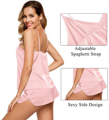 Imagem de Conjunto de pijama feminino SWOMOG, cetim, 4 peças, rosa sakura, tamanho M