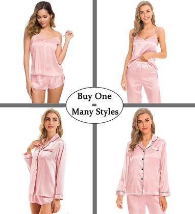 Imagem de Conjunto de pijama feminino SWOMOG, cetim, 4 peças, rosa sakura, tamanho M