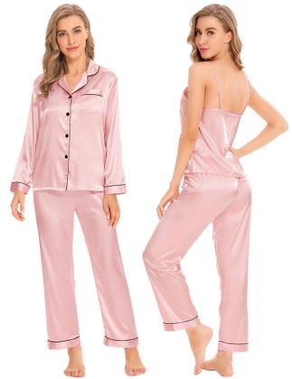 Imagem de Conjunto de pijama feminino SWOMOG, cetim, 4 peças, rosa sakura, tamanho M