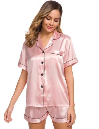 Imagem de Conjunto de pijama feminino SWOMOG, seda, cetim, com botões, rosa sakura