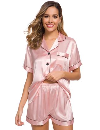 Imagem de Conjunto de pijama feminino SWOMOG, seda, cetim, com botões, rosa sakura