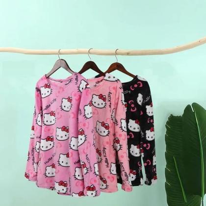 Imagem de Conjunto De Pijama Flanelado Kawaii Da Hello Kitty Para Mulheres, Casual, Ajuste Solto, Roupas De