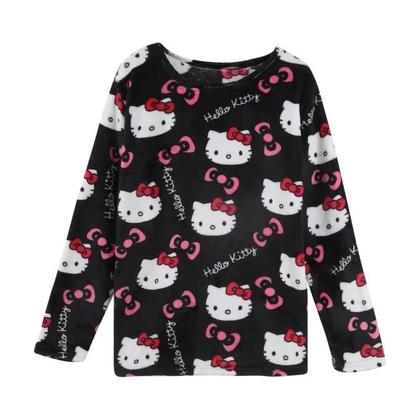 Imagem de Conjunto De Pijama Flanelado Kawaii Da Hello Kitty Para Mulheres, Casual, Ajuste Solto, Roupas De