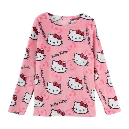 Imagem de Conjunto De Pijama Flanelado Kawaii Da Hello Kitty Para Mulheres, Casual, Ajuste Solto, Roupas De