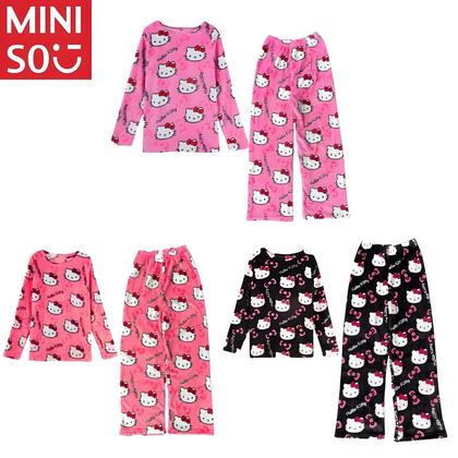 Imagem de Conjunto De Pijama Flanelado Kawaii Da Hello Kitty Para Mulheres, Casual, Ajuste Solto, Roupas De