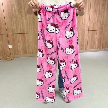 Imagem de Conjunto De Pijama Flanelado Kawaii Da Hello Kitty Para Mulheres, Casual, Ajuste Solto, Roupas De