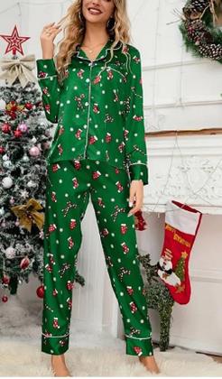 Imagem de Conjunto de pijama Juakoso com estampa de Natal em cetim para mulheres