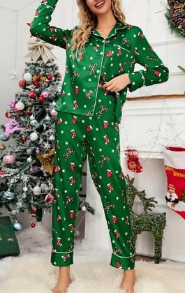 Imagem de Conjunto de pijama Juakoso com estampa de Natal em cetim para mulheres