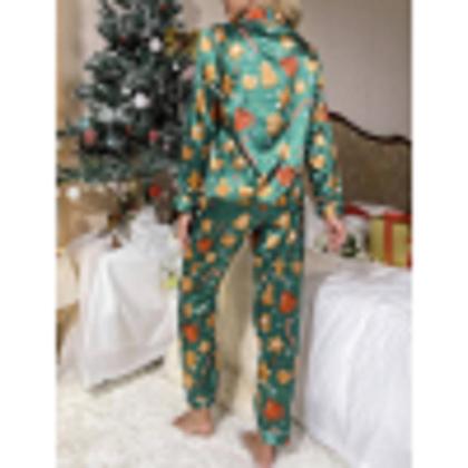Imagem de Conjunto de pijama Juakoso com estampa de Natal em cetim para mulheres