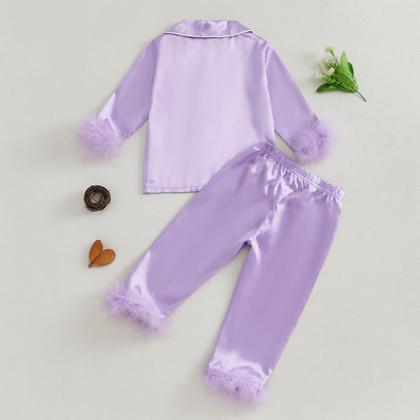 Imagem de Conjunto de pijama MAINESAKA para bebês e meninas com acabamento em penas de cetim